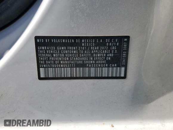 2019 Volkswagen Jetta SEL z VIN 3VWE57BU0KM053777, wystawiony jako Copart lot #59795255 z przebiegiem 182 260 mil mil oraz Szkoda całkowita • Salvage title. Historia ofert i sprzedaży dostępna na DreamBid. Obrazek 12.