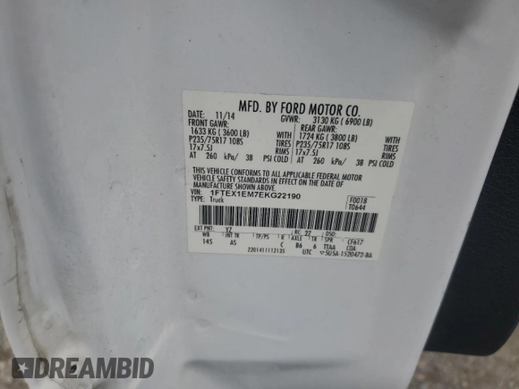 2014 Ford F-150 XL с VIN 1FTEX1EM7EKG22190, выставлен на аукционе Copart как лот 64834125 с пробегом 216 764 миль миль и Списание • Salvage title. История ставок и продаж доступна на DreamBid. Изображение 12.