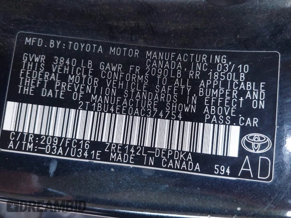 2010 Toyota Corolla с VIN 2T1BU4EE0AC374754, выставлен на аукционе IAAI как лот 42304636 с пробегом 277 078 миль миль и . История ставок и продаж доступна на DreamBid. Изображение 9.