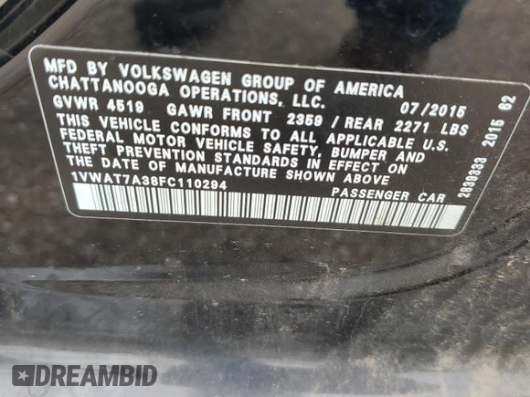 2015 Volkswagen Passat Limited Edition with VIN 1VWAT7A38FC110294, listed as a Copart auction lot 63344235 with 116,169 mi miles and Clean title. Bid and sale history available at DreamBid. Image 12.