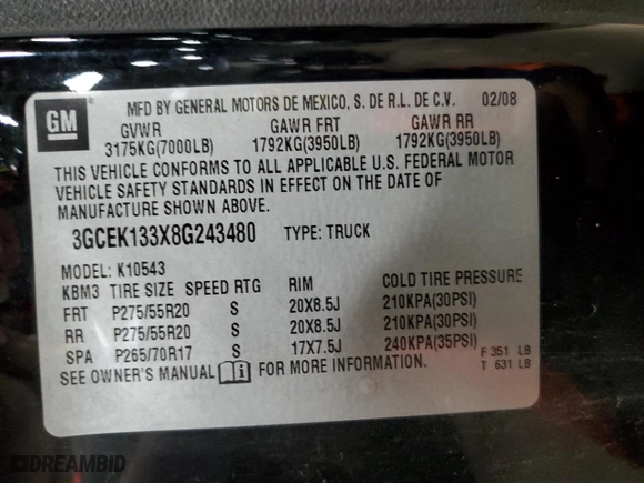 2008 Chevrolet Silverado 1500 LT w/1LT with VIN 3GCEK133X8G243480, listed as a Copart auction lot 85317584 with 299,113 mi miles and Clean Title. Bid and sale history available at carsss.com. Image 12.