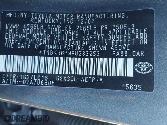 2008 Toyota Avalon XL with VIN 4T1BK36B98U283253, listed as a IAAI auction lot 41662973 with 132,774 mi miles and . Bid and sale history available at DreamBid. Image 9.