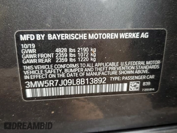 2020 BMW 3 Series 330i xDrive with VIN 3MW5R7J09L8B13892, listed as a Copart auction lot 60714015 with 49,766 mi miles and Salvage title. Bid and sale history available at DreamBid. Image 12.