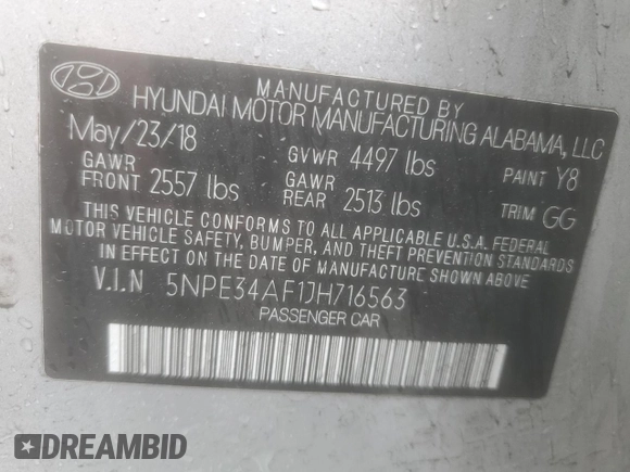 2018 Hyundai Sonata SEL with VIN 5NPE34AF1JH716563, listed as a Copart auction lot 51921415 with 79,869 mi miles and Salvage Title. Bid and sale history available at DreamBid. Image 13.