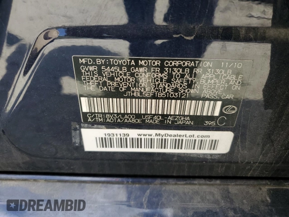 2011 Lexus LS 460 with VIN JTHBL5EF1B5103121, listed as a Copart auction lot 54085145 with 160,475 mi miles and Clean title. Bid and sale history available at DreamBid. Image 12.