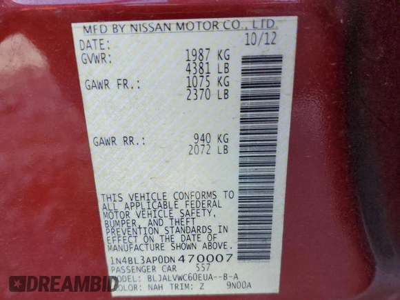 2013 Nissan Altima SL z VIN 1N4BL3AP0DN470007, wystawiony jako Copart lot #80459784 z przebiegiem 168 627 mil mil oraz Szkoda całkowita • Salvage title. Historia ofert i sprzedaży dostępna na DreamBid. Obrazek 14.