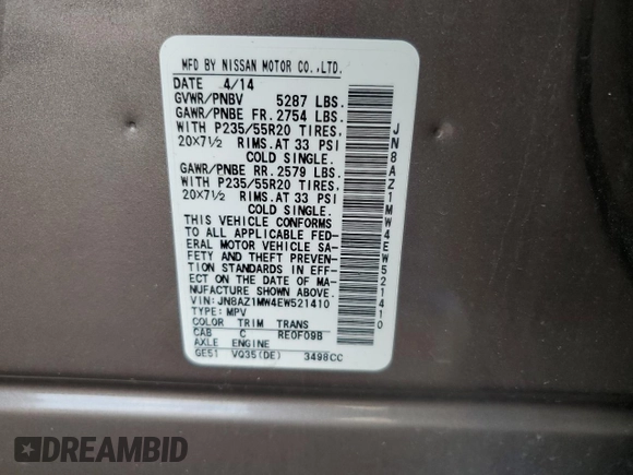 2014 Nissan Murano LE with VIN JN8AZ1MW4EW521410, listed as a Copart auction lot 59579204 with 62,032 mi miles and Salvage Title. Bid and sale history available at carsss.com. Image 13.