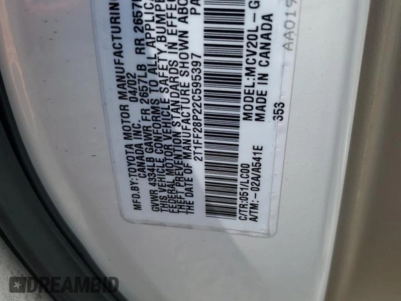 2002 Toyota Solara SE z VIN 2T1FF28P22C595397, wystawiony jako Copart lot #58276695 z przebiegiem Nie podano mil oraz Szkoda całkowita • Salvage title. Historia ofert i sprzedaży dostępna na DreamBid. Obrazek 12.