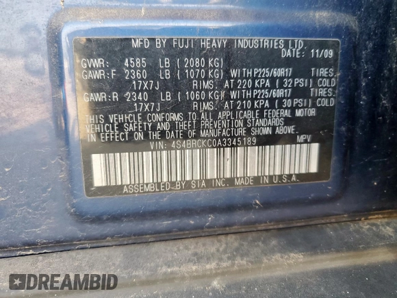 2010 Subaru Outback Limited Power Moon с VIN 4S4BRCKC0A3345189, выставлен на аукционе Copart как лот 59821645 с пробегом 151 251 миль миль и Чистый • Clean title. История ставок и продаж доступна на DreamBid. Изображение 13.