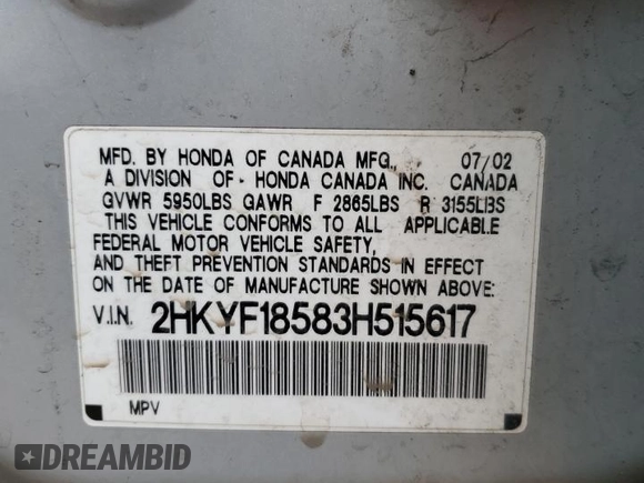 2003 Honda Pilot EX z VIN 2HKYF18583H515617, wystawiony jako Copart lot #55143045 z przebiegiem 175 976 mil mil oraz Szkoda całkowita • Salvage title. Historia ofert i sprzedaży dostępna na DreamBid. Obrazek 12.