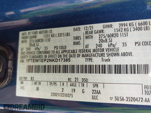 2022 Ford F-150 XL с VIN 1FTEW1EP2NKD17385, выставлен на аукционе IAAI как лот 42378513 с пробегом 51 543 миль миль и . История ставок и продаж доступна на DreamBid. Изображение 9.