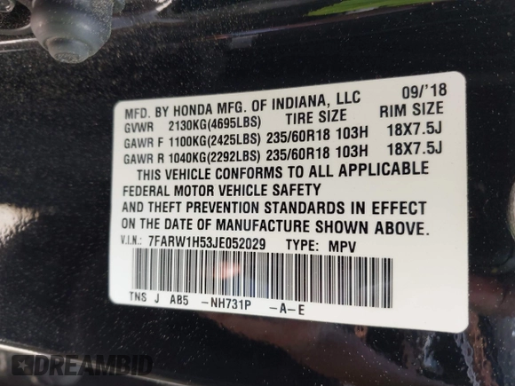 2018 Honda CR-V EX with VIN 7FARW1H53JE052029, listed as a IAAI auction lot 41890820 with 125,043 mi miles. Bid and sale history available at carsss.com. Image 9.