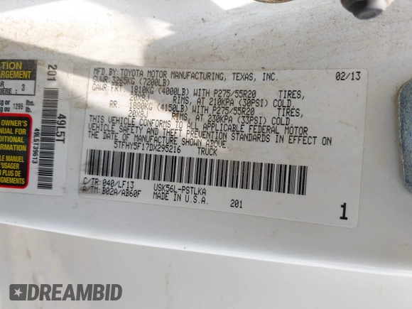 2013 Toyota Tundra Limited z VIN 5TFHY5F17DX295216, wystawiony jako IAAI lot #42390140 z przebiegiem 230 902 mil mil oraz . Historia ofert i sprzedaży dostępna na DreamBid. Obrazek 9.