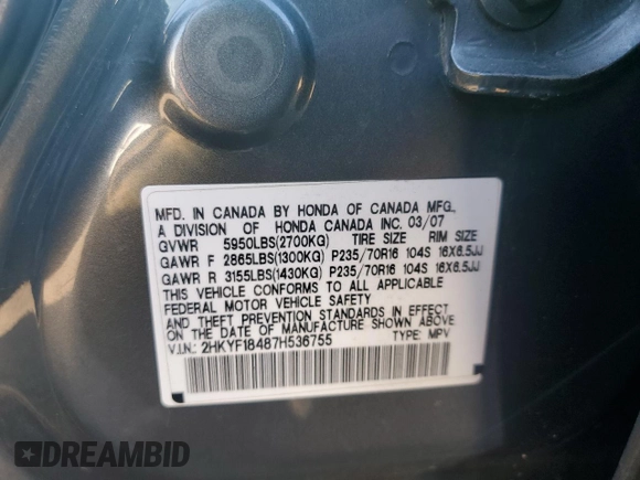 2007 Honda Pilot EX with VIN 2HKYF18487H536755, listed as a Copart auction lot 45843445 with 270,611 mi miles and Salvage Title. Bid and sale history available at DreamBid. Image 15.