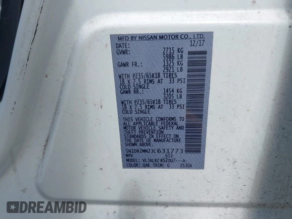 2018 Nissan Pathfinder SL with VIN 5N1DR2MN2JC631773, listed as a IAAI auction lot 42301611 with 145,100 mi miles and . Bid and sale history available at DreamBid. Image 9.