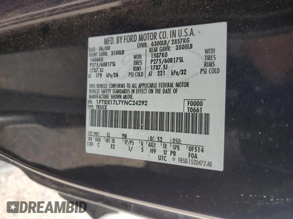 2000 Ford F-150 XL with VIN 1FTRX17L7YNC24292, listed as a Copart auction lot 58852925 with 213,318 mi miles and Salvage title. Bid and sale history available at DreamBid. Image 12.