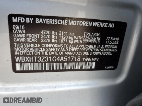 2016 BMW X1 xDrive28i with VIN WBXHT3Z31G4A51718, listed as a Copart auction lot 49331103 with 63,991 mi miles and . Bid and sale history available at DreamBid. Image 13.