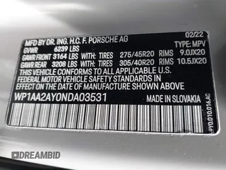 2022 Porsche Cayenne with VIN WP1AA2AY0NDA03531, listed as a IAAI auction lot 42012999 with 17,728 mi miles and . Bid and sale history available at DreamBid. Image 9.