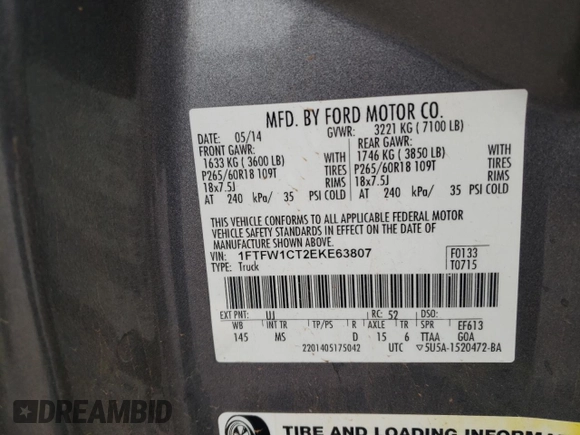 2014 Ford F-150 XL with VIN 1FTFW1CT2EKE63807, listed as a Copart auction lot 51865265 with 145,589 mi miles and Non Repairable. Bid and sale history available at carsss.com. Image 12.
