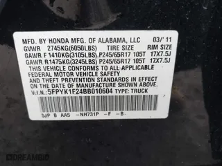 2011 Honda Ridgeline RT with VIN 5FPYK1F24BB010604, listed as a IAAI auction lot 41941553 with 37,814 mi miles. Bid and sale history available at carsss.com. Image 9.