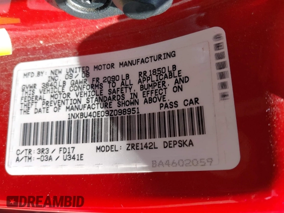 2009 Toyota Corolla with VIN 1NXBU40E09Z098951, listed as a IAAI auction lot 42090512 with 199,787 mi miles. Bid and sale history available at carsss.com. Image 9.