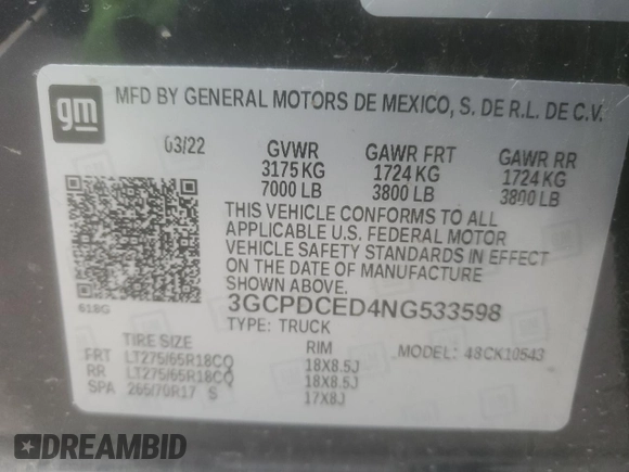 2022 Chevrolet Silverado 1500 Custom Trail Boss with VIN 3GCPDCED4NG533598, listed as a Copart auction lot 87164224 with 14,725 mi miles and Salvage Title. Bid and sale history available at DreamBid. Image 14.