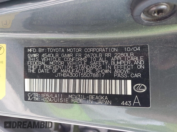 2005 Lexus ES 350 with VIN JTHBA30G155078817, listed as a IAAI auction lot 42156191 with 194,061 mi miles and . Bid and sale history available at DreamBid. Image 9.