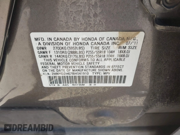 2011 Acura MDX Tech Pkg with VIN 2HNYD2H67BH541910, listed as a IAAI auction lot 41719945 with 162,884 mi miles. Bid and sale history available at carsss.com. Image 9.