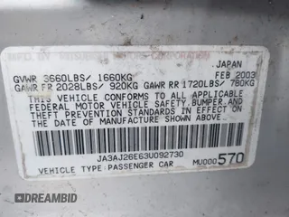 2003 Mitsubishi Lancer ES with VIN JA3AJ26E63U092730, listed as a IAAI auction lot 41506294 with 188,007 mi miles. Bid and sale history available at carsss.com. Image 9.