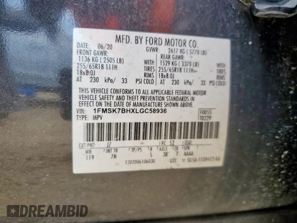 2020 Ford Explorer z VIN 1FMSK7BHXLGC58936, wystawiony jako Copart lot #62190235 z przebiegiem 63 125 mil mil oraz Szkoda całkowita • Salvage title. Historia ofert i sprzedaży dostępna na DreamBid. Obrazek 13.