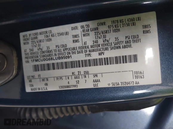 2020 Ford Escape SE with VIN 1FMCU0G68LUB95091, listed as a IAAI auction lot 42548510 with 101,708 mi miles and . Bid and sale history available at DreamBid. Image 9.