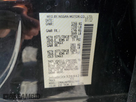 2012 Nissan Titan S with VIN 1N6AA0EC2CN326942, listed as a Copart auction lot 77826664 with 157,120 mi miles and Clean Title. Bid and sale history available at carsss.com. Image 12.