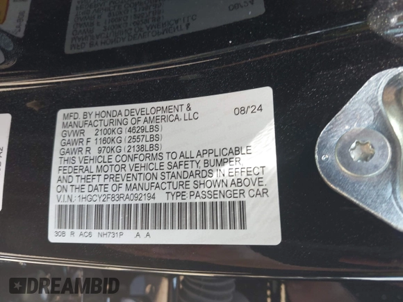 2024 Honda Accord Touring with VIN 1HGCY2F83RA092194, listed as a IAAI auction lot 41879950 with 5,054 mi miles and . Bid and sale history available at DreamBid. Image 9.