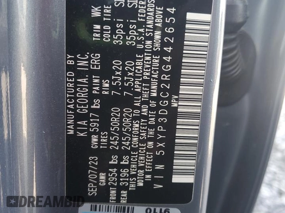 2024 Kia Telluride EX X-Line with VIN 5XYP3DGC2RG442654, listed as a Copart auction lot 51484725 with 13,079 mi miles and Salvage title. Bid and sale history available at DreamBid. Image 15.