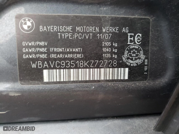 2008 BMW 3 Series 328xi with VIN WBAVC93518KZ72728, listed as a Copart auction lot 84082564 with 410,050 mi miles and Salvage Title. Bid and sale history available at carsss.com. Image 12.