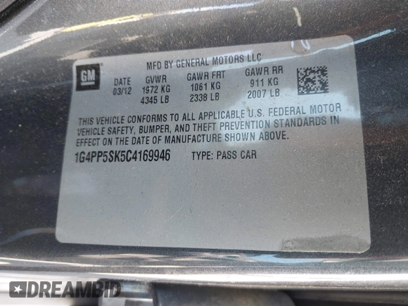 2012 Buick Verano with VIN 1G4PP5SK5C4169946, listed as a IAAI auction lot 42327176 with 88,730 mi miles and . Bid and sale history available at DreamBid. Image 9.