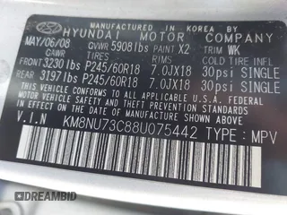 2008 Hyundai Veracruz GLS with VIN KM8NU73C88U075442, listed as a IAAI auction lot 42058261 with 284,678 mi miles and . Bid and sale history available at DreamBid. Image 9.