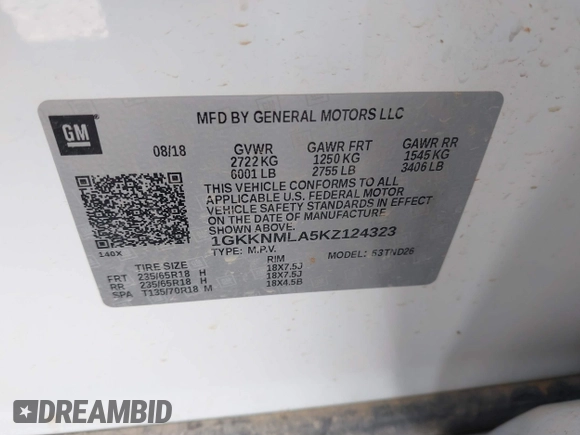 2019 GMC Acadia SLT with VIN 1GKKNMLA5KZ124323, listed as a IAAI auction lot 41365526 with 99,992 mi miles. Bid and sale history available at carsss.com. Image 9.
