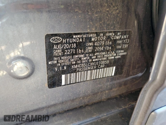 2019 Hyundai Ioniq Limited with VIN KMHC85LCXKU110859, listed as a Copart auction lot 59400815 with 75,901 mi miles and Salvage title. Bid and sale history available at DreamBid. Image 13.