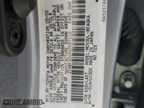 2002 Lexus ES 300 с VIN JTHBF30G420067112, выставлен на аукционе Copart как лот 55316135 с пробегом 168 470 миль миль и Списание • Salvage title. История ставок и продаж доступна на DreamBid. Изображение 12.