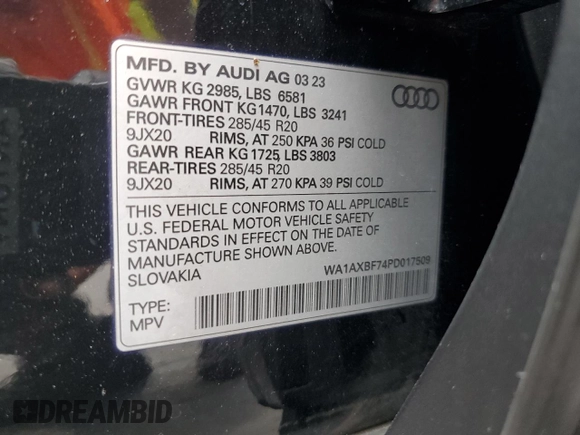 2023 Audi Q7 Premium with VIN WA1AXBF74PD017509, listed as a Copart auction lot 55664525 with 89,124 mi miles and Non repairable. Bid and sale history available at DreamBid. Image 13.