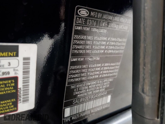 2016 Land Rover Range Rover Sport Autobiography with VIN SALWV2EF9GA589454, listed as a Copart auction lot 69689174 with 103,571 mi miles and Clean title. Bid and sale history available at DreamBid. Image 13.