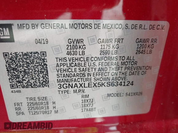 2019 Chevrolet Equinox LT with VIN 3GNAXLEX5KS634124, listed as a IAAI auction lot 42037796 with 88,067 mi miles and . Bid and sale history available at DreamBid. Image 9.