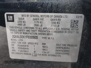 2015 GMC Terrain SLT with VIN 2GKALSEK1F6320935, listed as a IAAI auction lot 42010688 with 82,754 mi miles. Bid and sale history available at carsss.com. Image 9.