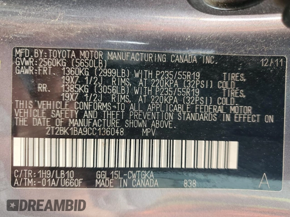 2012 Lexus RX 350 with VIN 2T2BK1BA9CC136048, listed as a Copart auction lot 56562645 with 225,702 mi miles and Clean Title. Bid and sale history available at DreamBid. Image 12.