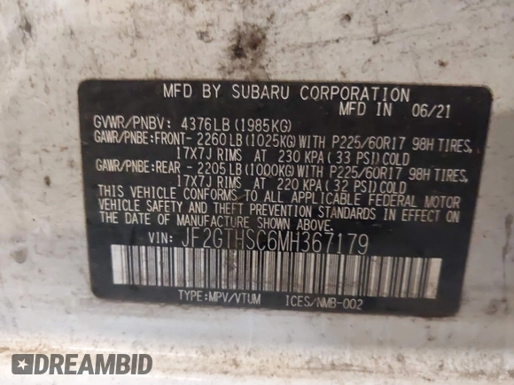 2021 Subaru Crosstrek Special Sports with VIN JF2GTHSC6MH367179, listed as a IAAI auction lot 41689908 with 55,106 mi miles and . Bid and sale history available at DreamBid. Image 9.