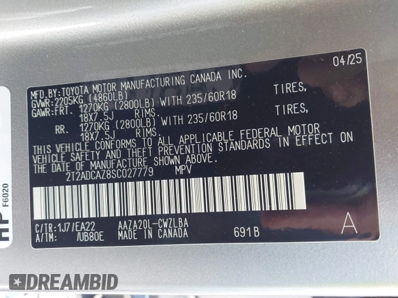 2025 Lexus NX 250 with VIN 2T2ADCAZ8SC027779, listed as a IAAI auction lot 42420839 with 491 mi miles and . Bid and sale history available at DreamBid. Image 9.