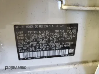 2023 Honda HR-V LX with VIN 3CZRZ2H34PM748484, listed as a Copart auction lot 56770995 with 7,505 mi miles and Salvage title. Bid and sale history available at DreamBid. Image 14.