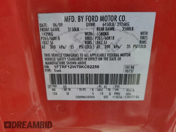 2009 Ford F-150 XL with VIN 1FTRF12W79KC62256, listed as a Copart auction lot 56926445 with 56,710 mi miles and Salvage title. Bid and sale history available at DreamBid. Image 12.