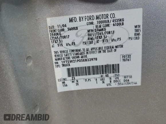 2005 Ford F-250 XL with VIN 1FTSW21P05EB33978, listed as a Copart auction lot 55105045 with 129,863 mi miles and Clean Title. Bid and sale history available at DreamBid. Image 13.